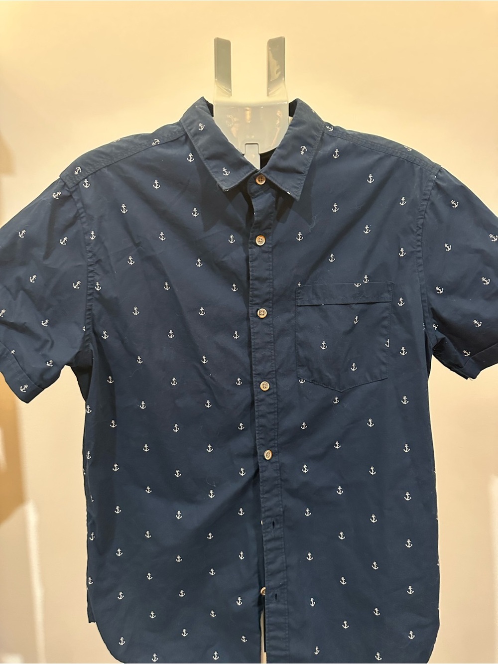On The Road Navy Button-Down Short Sleeve with White Anchor Print